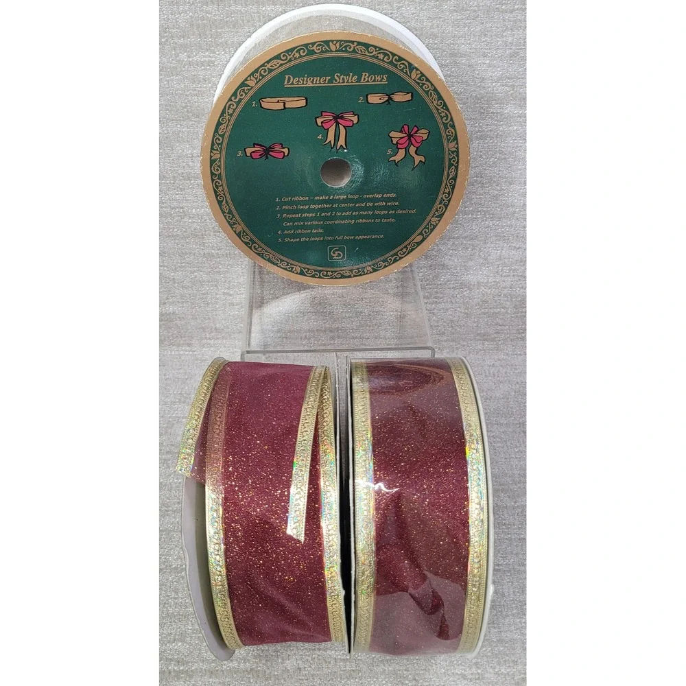 Sams Club Wired Ribbon Spools Burgundy Gold Christmas 2.5 Inch‎ 50 Yard Lot of 3